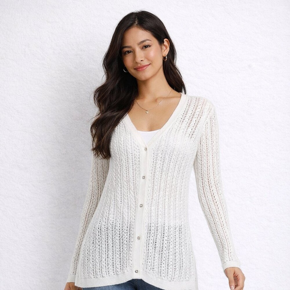 Lafayette 148 White Open Knit Cardigan Size XL Lightweight Button Front Sweater